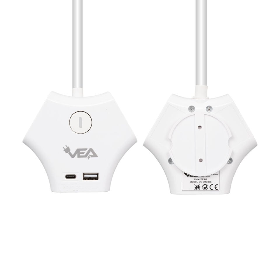 VEA VE-G903YC 3 Lü Priz Usb li Type-c Girişli Çoklu Priz 1.5 Metre Kablolu Uzatma Kablosu 3860 Watt 16 Amper
