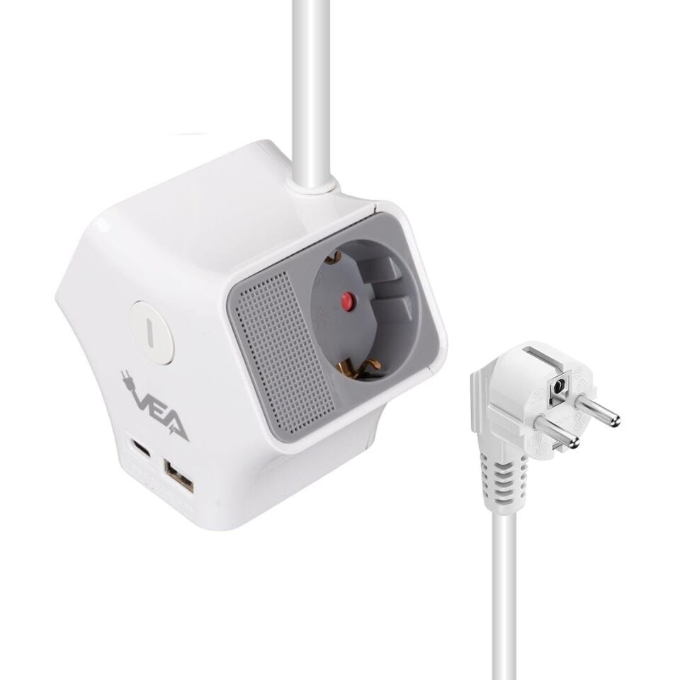 VEA VE-G903YC 3 Lü Priz Usb li Type-c Girişli Çoklu Priz 1.5 Metre Kablolu Uzatma Kablosu 3860 Watt 16 Amper