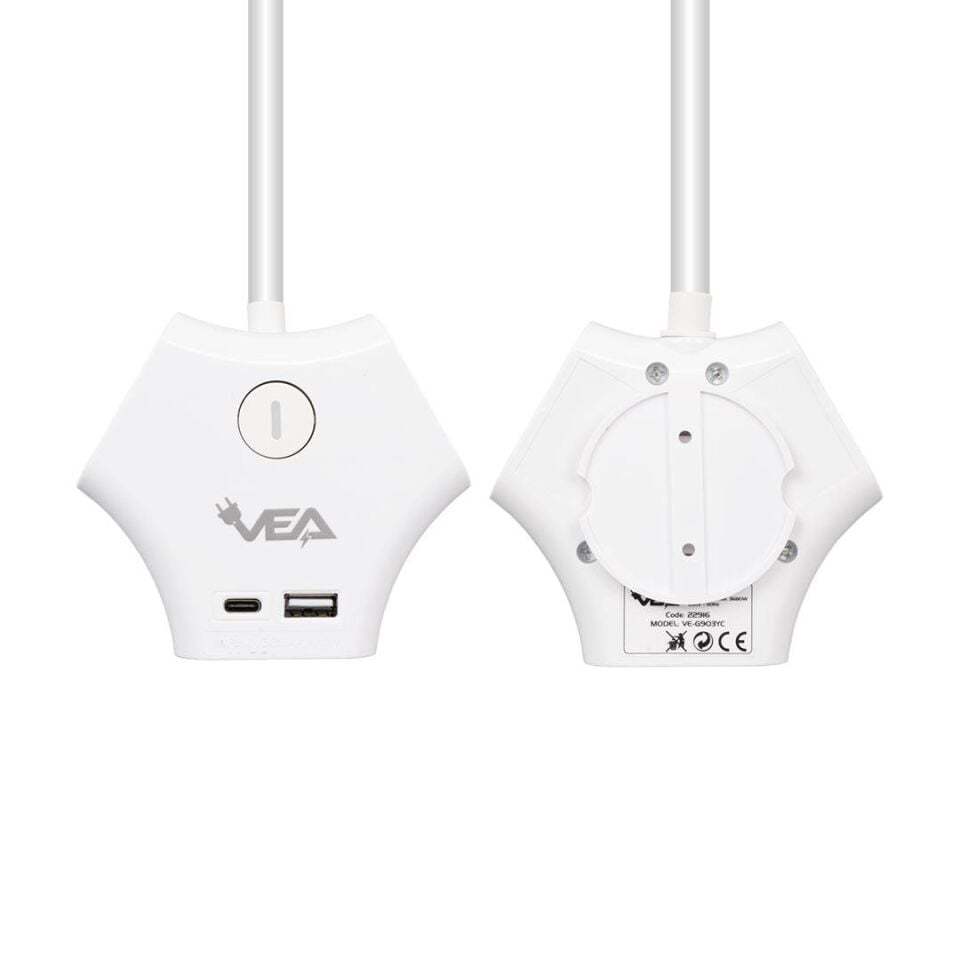 VEA VE-G903YC 3 Lü Priz Usb li Type-c Girişli Çoklu Priz 1.5 Metre Kablolu Uzatma Kablosu 3860 Watt 16 Amper