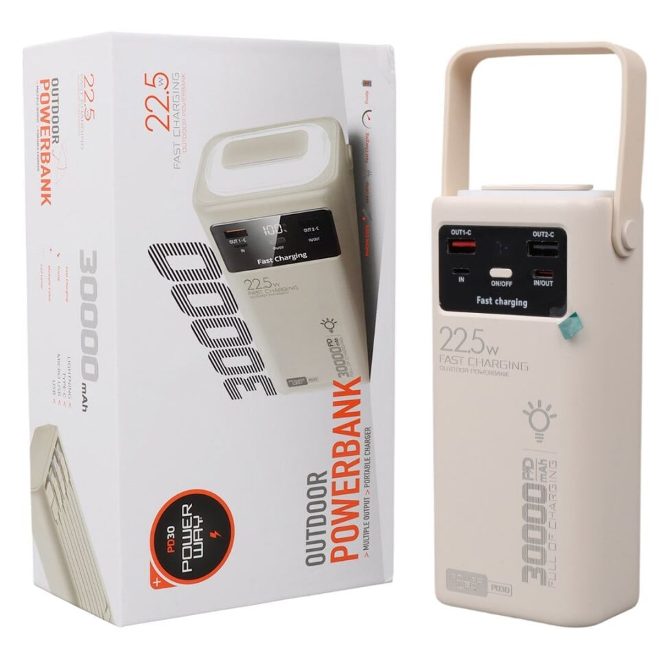 Powerway PD30 30.000Mah 22.5W PD & QC 3.0 Hızlı Şarj Destekli Dijital Göstergeli Powerbank