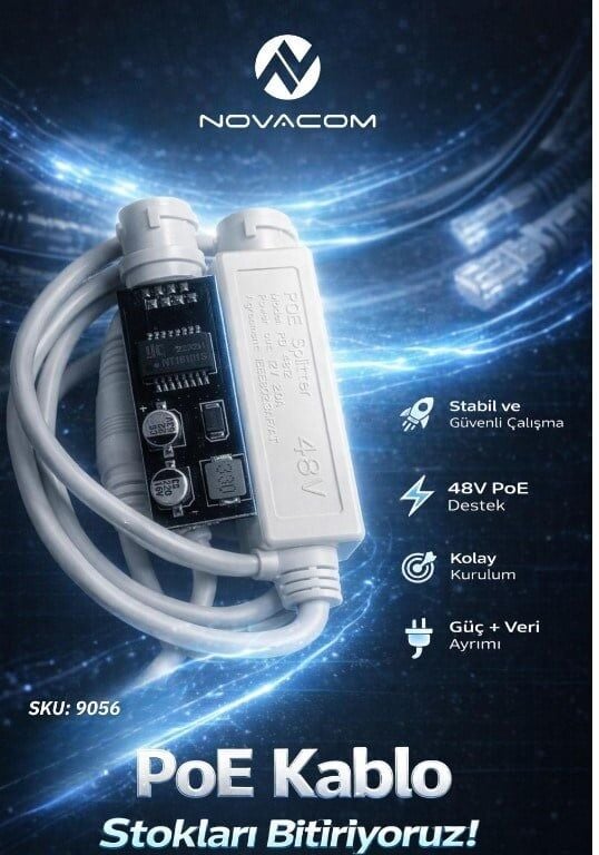 Novacom 9056 48V-12V 2 Amper PD4812 IP Poe Kartlı Splitter Kamera Kablosu (1,25-8Y/PH-2Y)