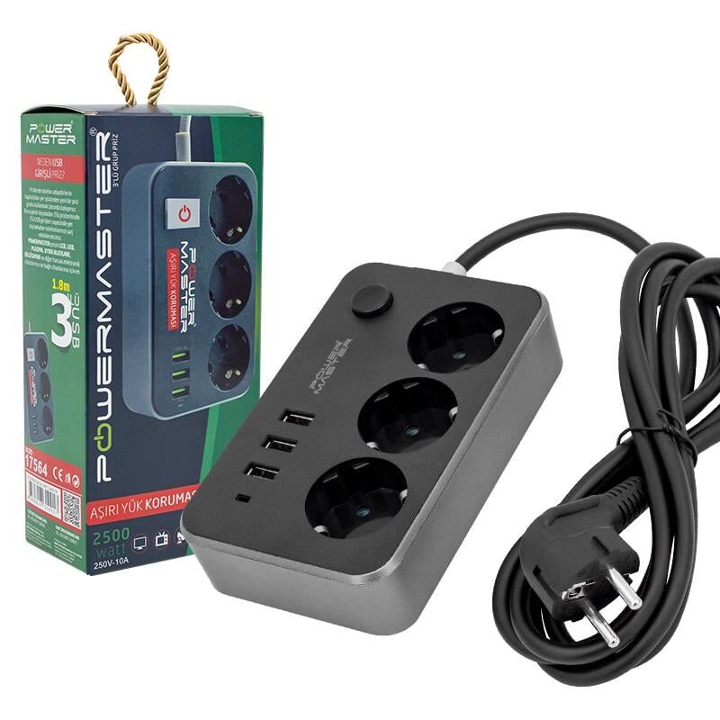 Powermaster 3 USB Çıkışlı 1.8 Metre Kablolu 3'Lü Akım Korumalı Priz (10A-2500 Watt) PM-17564