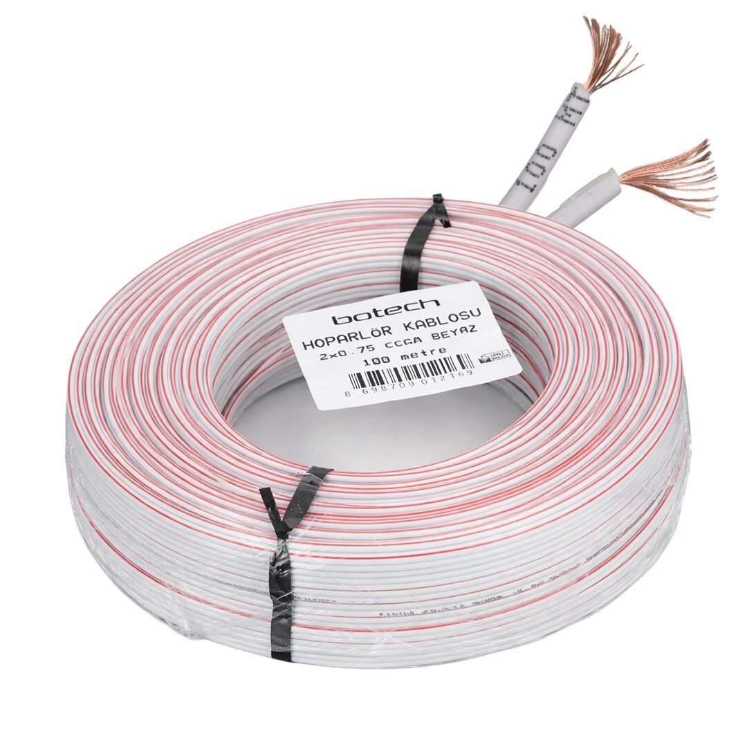 BOTECH 2X0.75Mm CCAM 48 Tel Beyaz-Kırmızı Kodlu 100 Metre Hoparlör Ses Kablosu