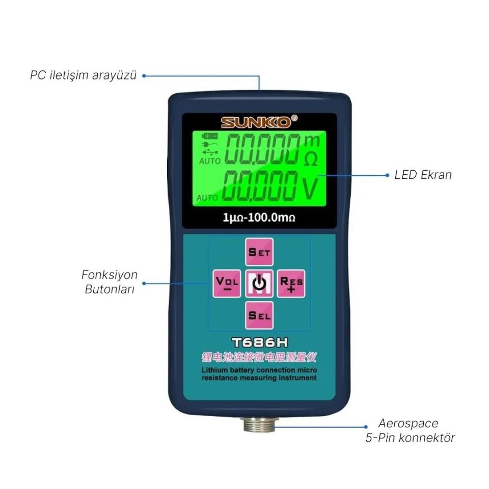 Sunkko T686H Hassas Pil İç Direnç ve Voltaj Test Cihazı 0-100V 0-100 Ohm Şarj Edilebilir Pil Ölçüm Test Cihazı