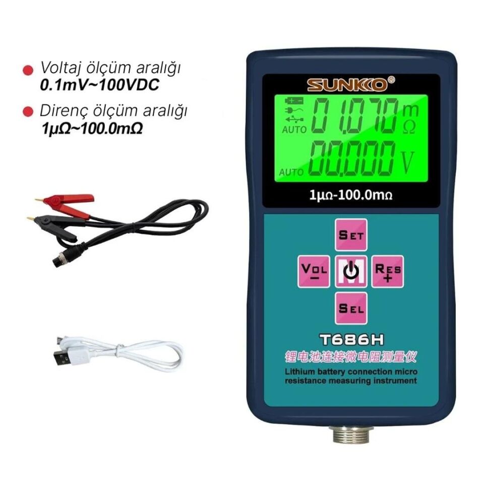 Sunkko T686H Hassas Pil İç Direnç ve Voltaj Test Cihazı 0-100V 0-100 Ohm Şarj Edilebilir Pil Ölçüm Test Cihazı