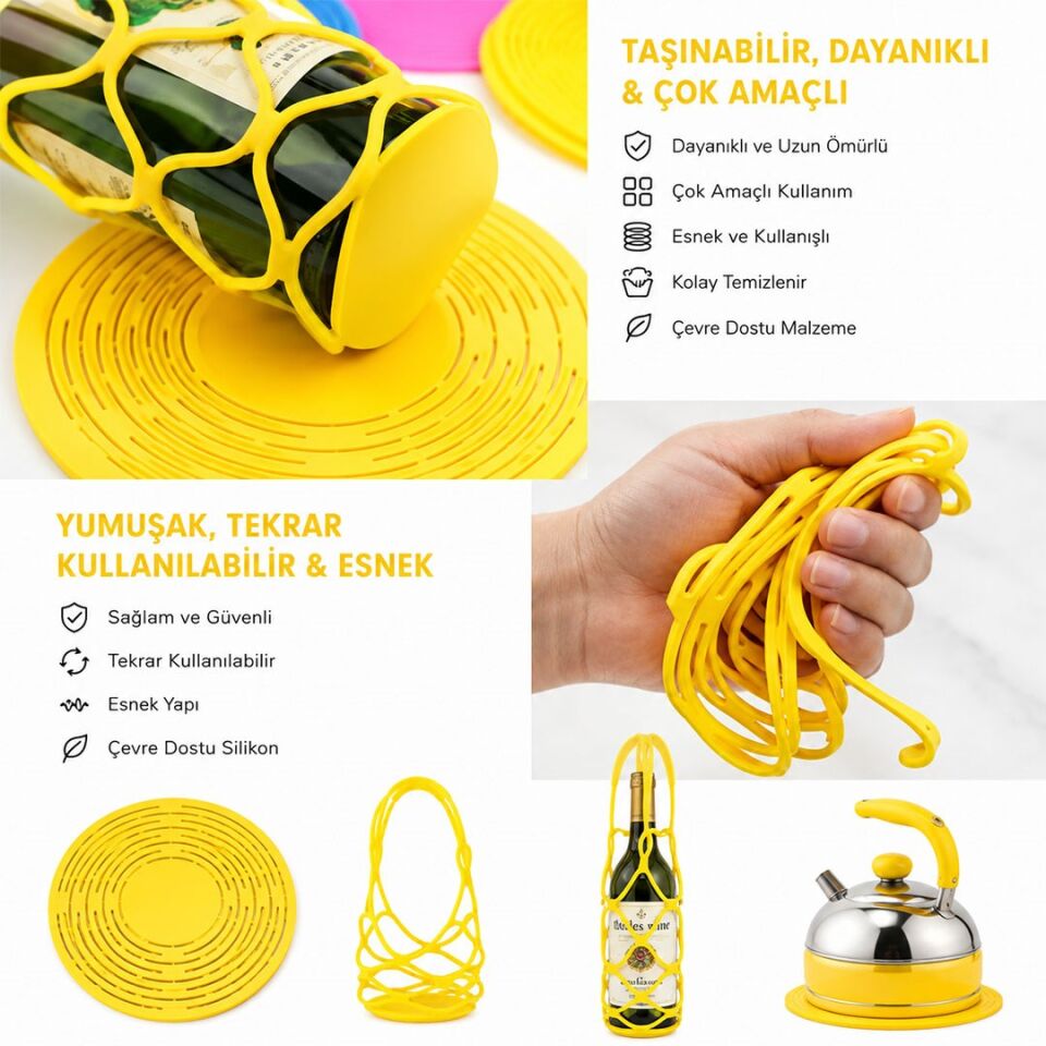 Sunup SN-38898 Silikon Isı Yalıtım Pedi Sarı Dairesel Kanallı Esnek Mutfak Nihalesi Ve Tezgah Koruyucu