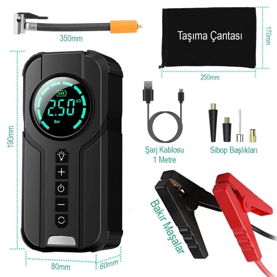 Powermaster Powerbank Araç Akü Şarj Lastik Hava Kompresörü Şişirici Taşınabilir Dijital Kablosuz El Feneri