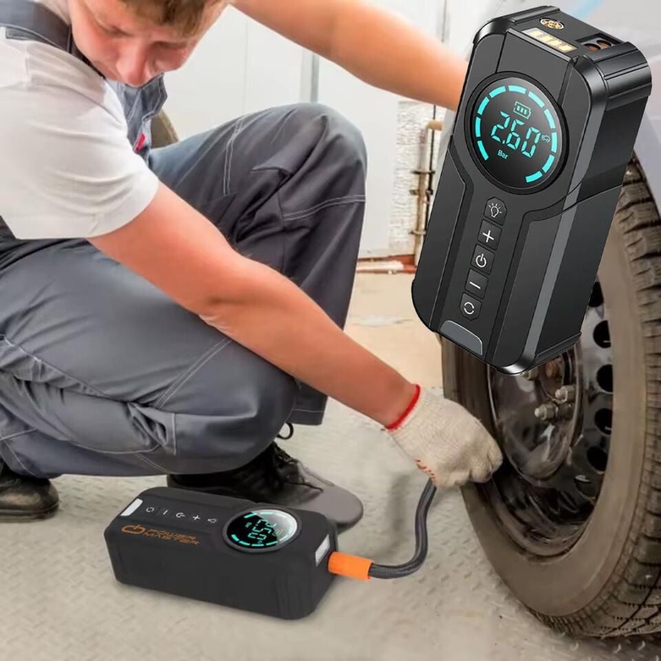 Powermaster Powerbank Araç Akü Şarj Lastik Hava Kompresörü Şişirici Taşınabilir Dijital Kablosuz El Feneri