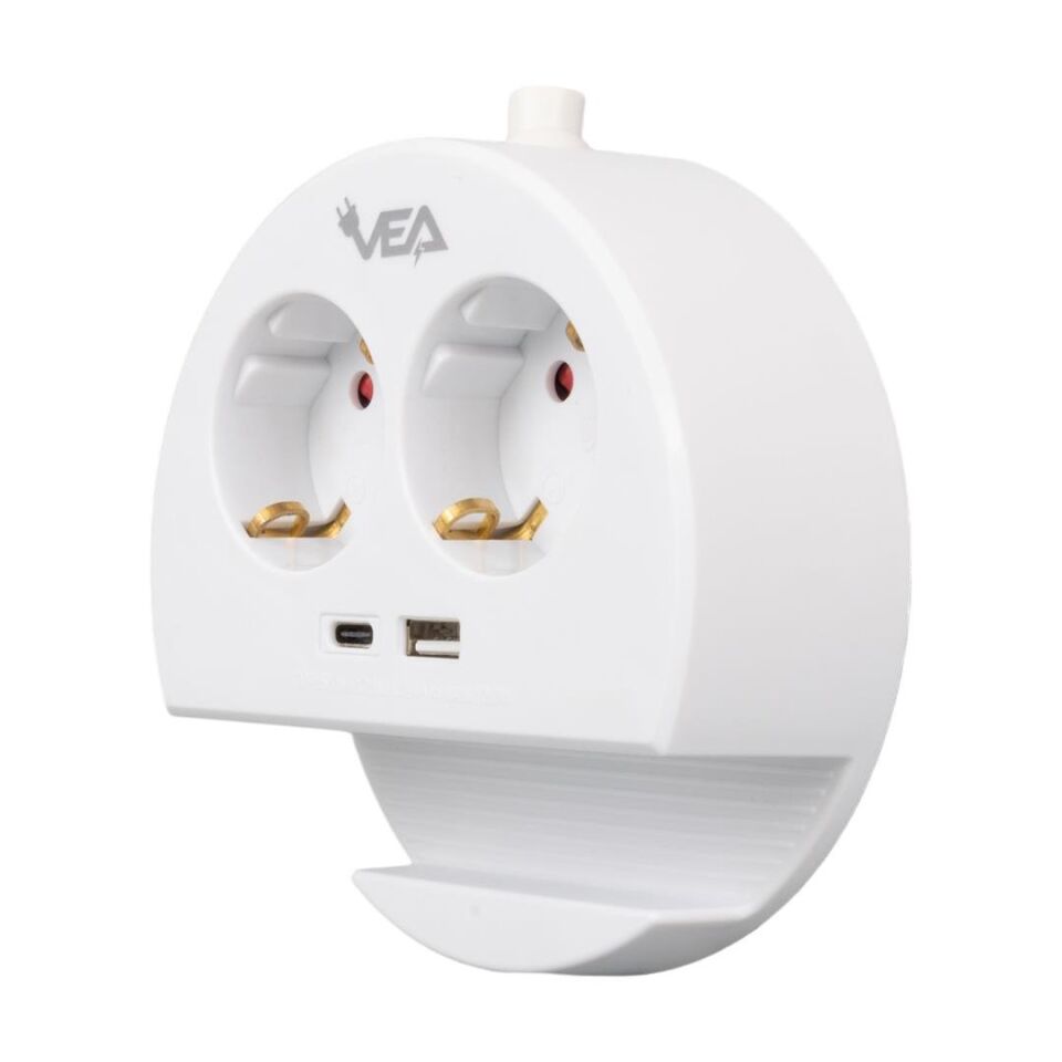 VEA VE-G1102C 2 Lİ Telefon Standlı Tutacaklı Priz Usb Li Type-c Girişli Uzatma Kablosu 1.5 Metre