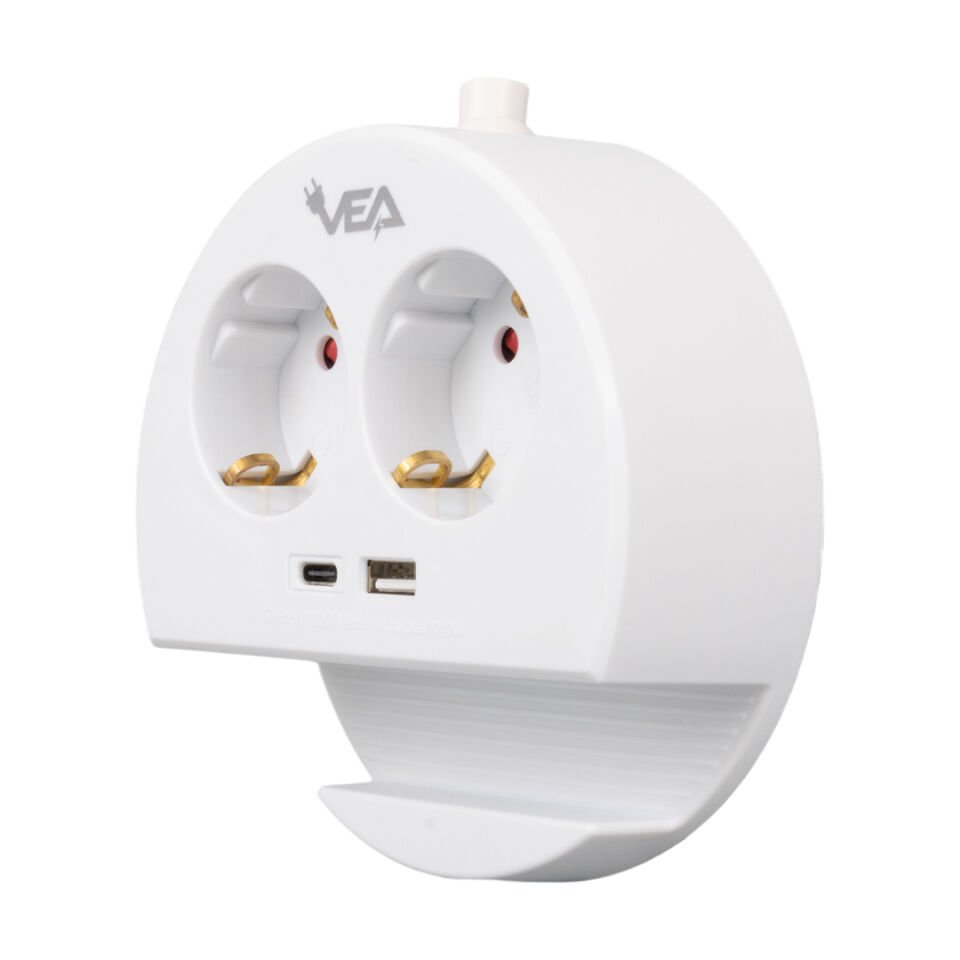 VEA VE-G1102C 2 Lİ Telefon Standlı Tutacaklı Priz Usb Li Type-c Girişli Uzatma Kablosu 1.5 Metre