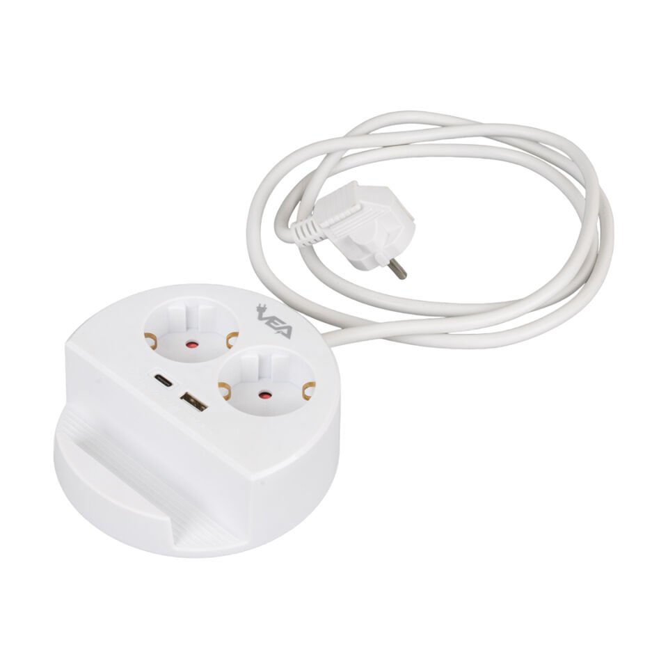 VEA VE-G1102C 2 Lİ Telefon Standlı Tutacaklı Priz Usb Li Type-c Girişli Uzatma Kablosu 1.5 Metre