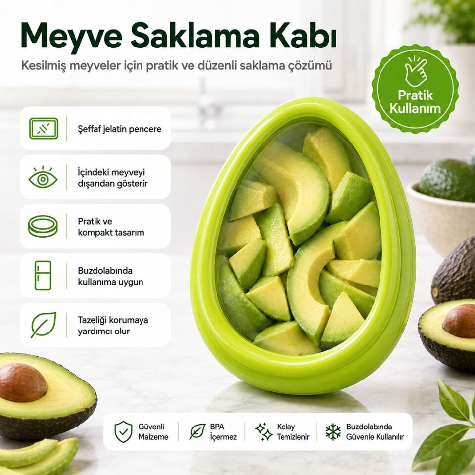 Sunup SN-38870 Sebze Meyve Saklama Kabı Avokado Şeklinde Yeşil