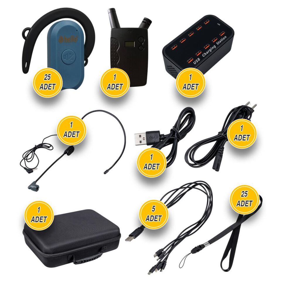 Ayt Hello 25 li Tur Rehber Sistemi Sunum Toplantı Geziler İçin Rehber Kulaklık Mikrofon Seti 100 Metre Menzilli