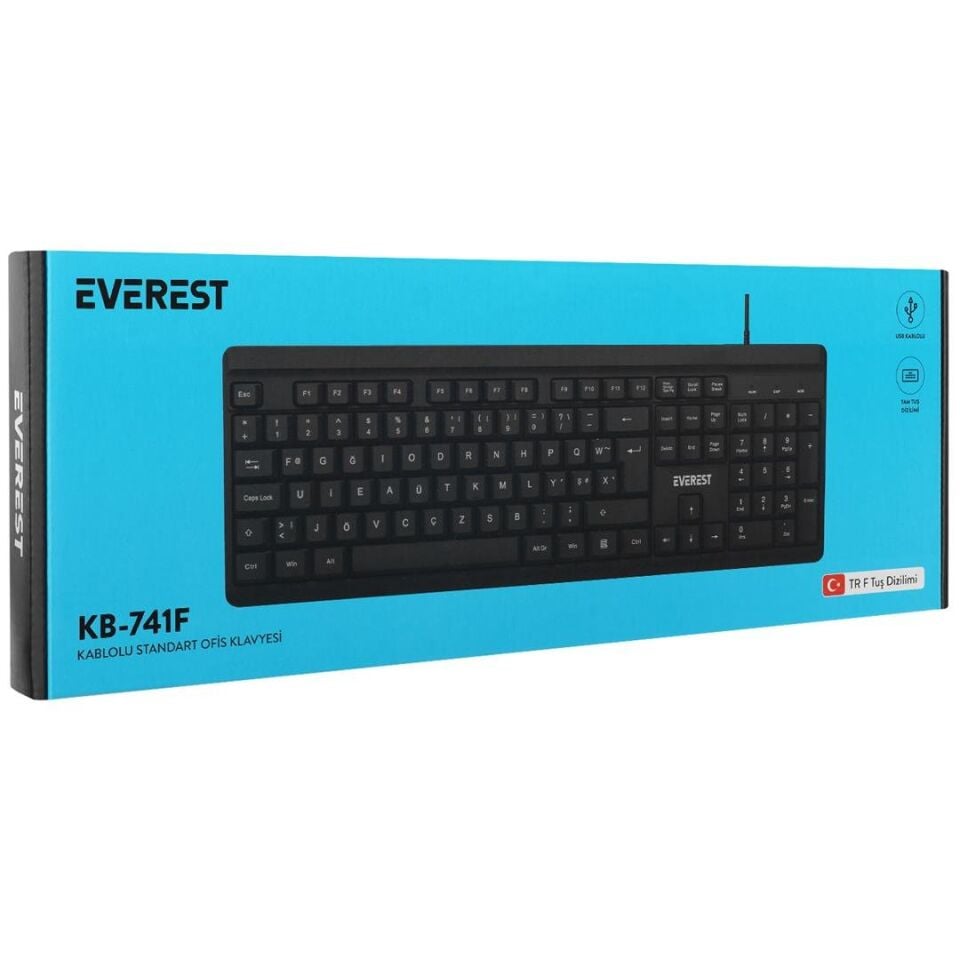 Everest KB-741F Siyah Gri 2 Mt. Bakır Kablolu Multimedia Usb Türkçe F Klavye