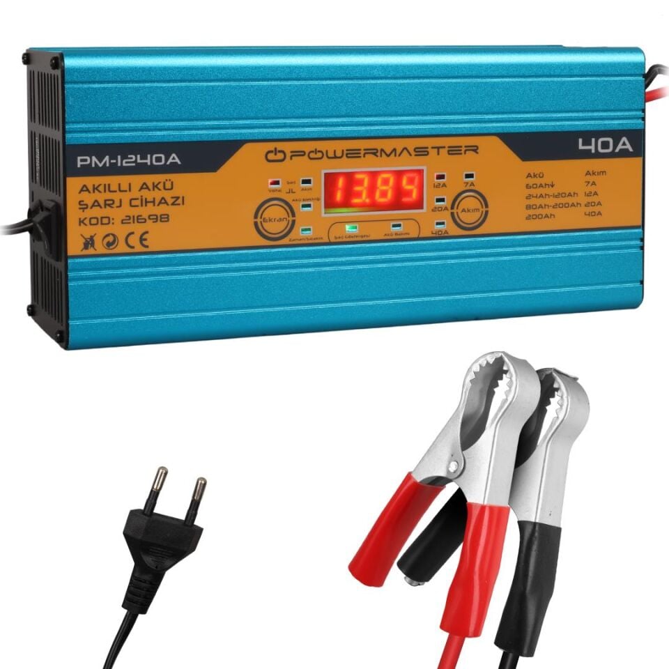 Powermaster Dc-1240A 12 Volt Max 40 Amper Akıllı Akü Şarj Cihazı Aleti Koruma Devreli Otomatik