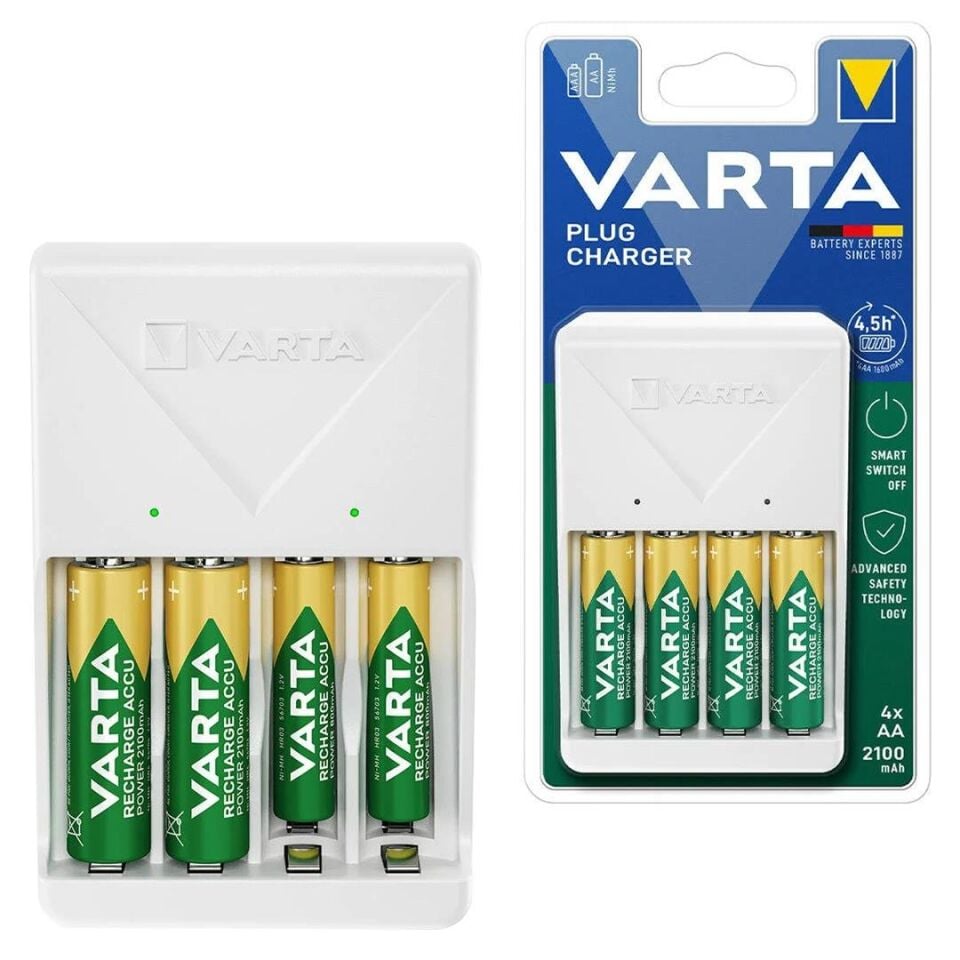 Varta Plug AA/AAA Kalem Pil Şarj Cihazı Aleti - 4 Adet 2100Mah AA HR6 NI-MH Şarj Edilebilir Pil Hediyeli