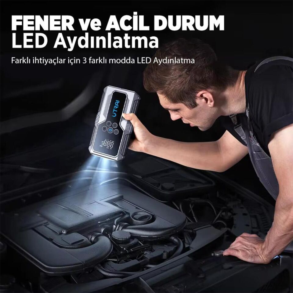 Ayt Utrai JS-9 12-24V Akü Şarj Powerbank Lastik Hava Kompresörü Şişirici Taşınabilir Dijital Kablosuz El Feneri Akü Takviye