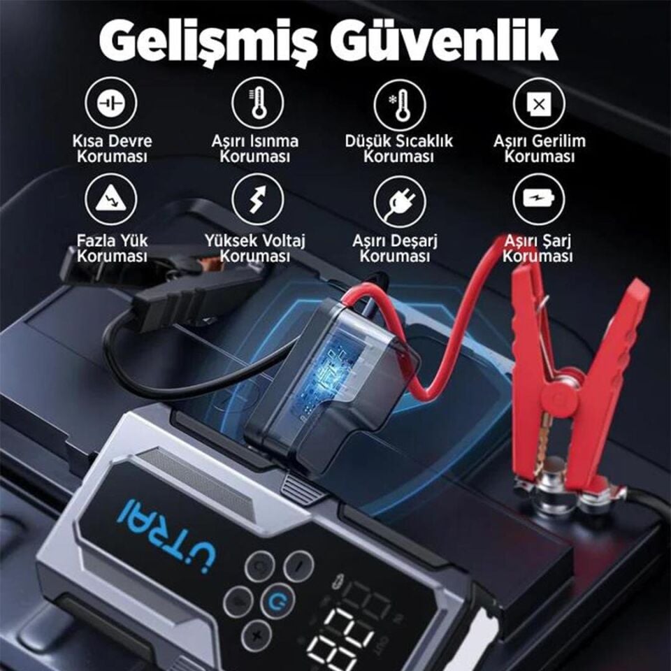 Ayt Utrai JS-9 12-24V Akü Şarj Powerbank Lastik Hava Kompresörü Şişirici Taşınabilir Dijital Kablosuz El Feneri Akü Takviye