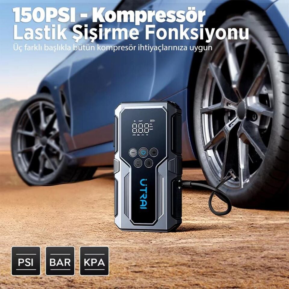 Ayt Utrai JS-9 12-24V Akü Şarj Powerbank Lastik Hava Kompresörü Şişirici Taşınabilir Dijital Kablosuz El Feneri Akü Takviye