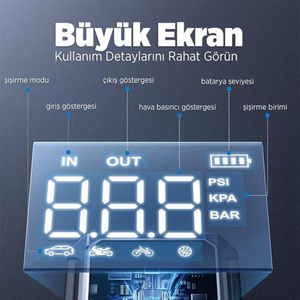 Ayt Utrai JS-9 12-24V Akü Şarj Powerbank Lastik Hava Kompresörü Şişirici Taşınabilir Dijital Kablosuz El Feneri Akü Takviye