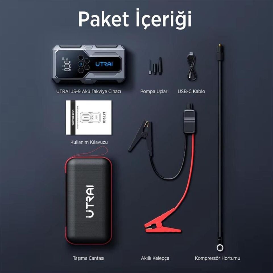Ayt Utrai JS-9 12-24V Akü Şarj Powerbank Lastik Hava Kompresörü Şişirici Taşınabilir Dijital Kablosuz El Feneri Akü Takviye