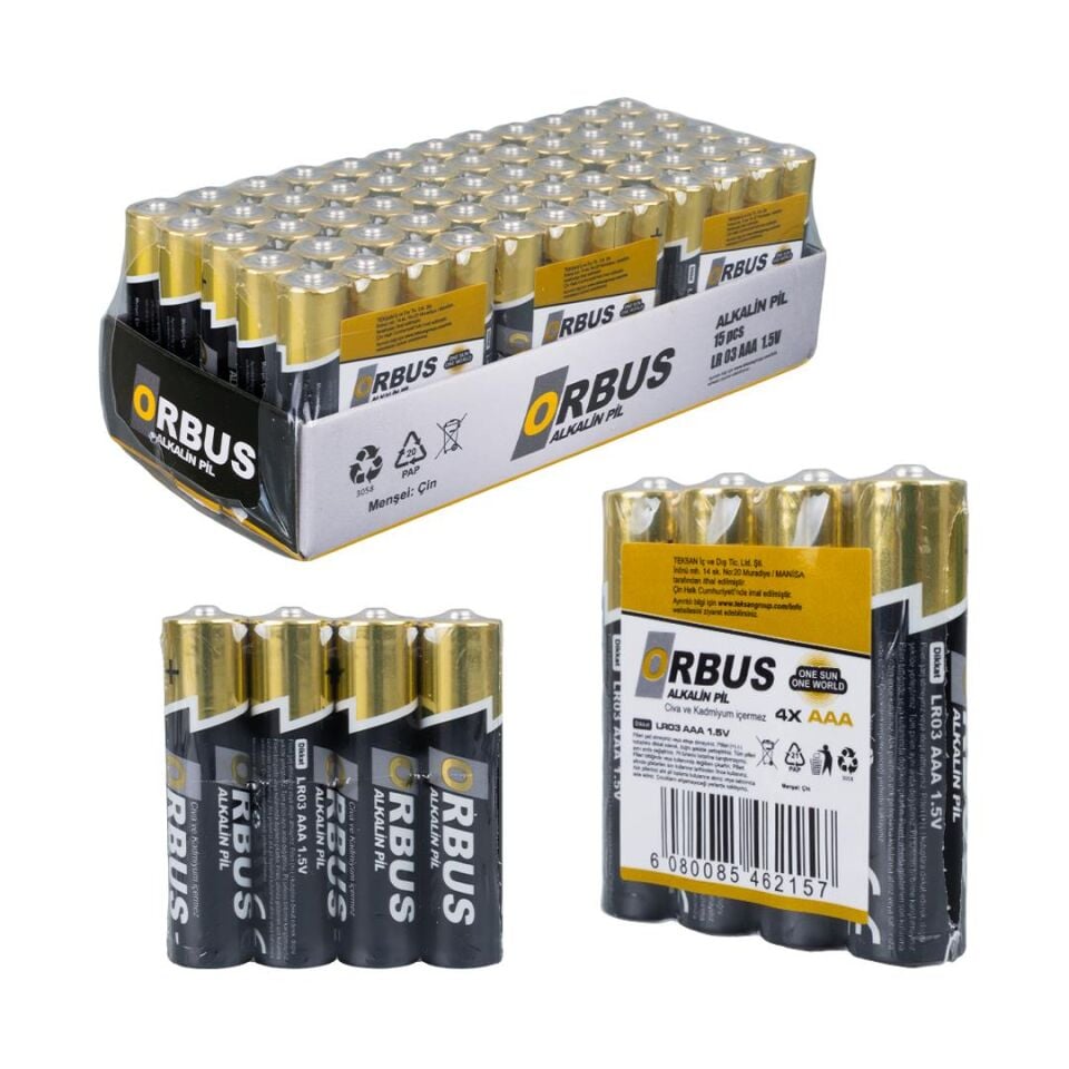 Orbus KLRORB-LR03-4B 1.5V AAA 60 Adet 4'lü Paket Alkalin İnce Kalem Pil