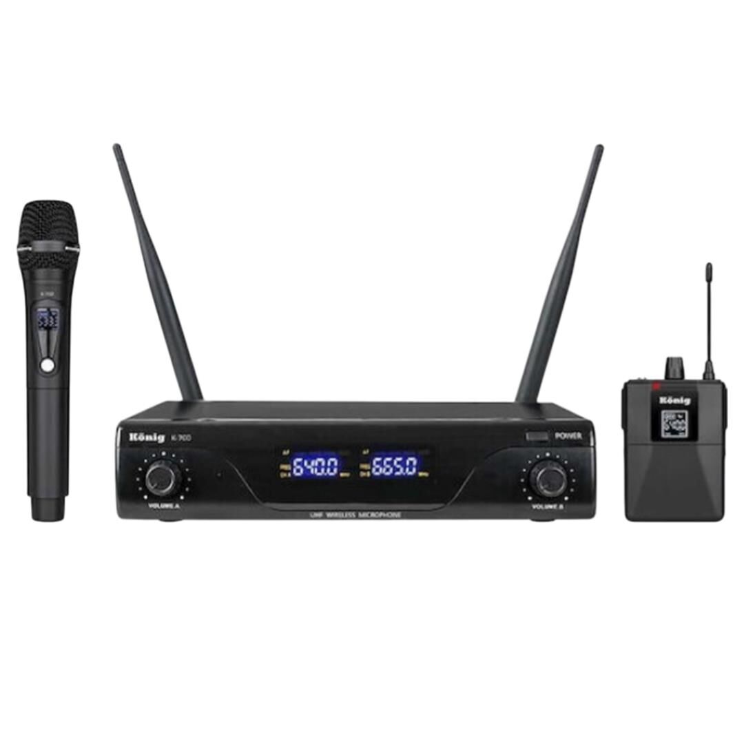 König K-700 E-Y Profesyonel 663-694Mhz 1 El + 1 Yaka 2 Kanal Uhf 2X50 Kablosuz Telsiz Mikrofon