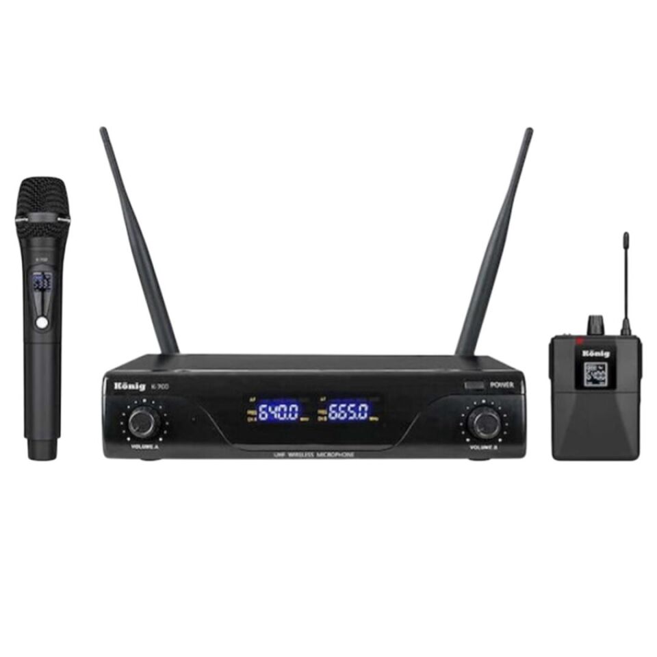 König K-700 E-Y Profesyonel 663-694Mhz 1 El + 1 Yaka 2 Kanal Uhf 2X50 Kablosuz Telsiz Mikrofon
