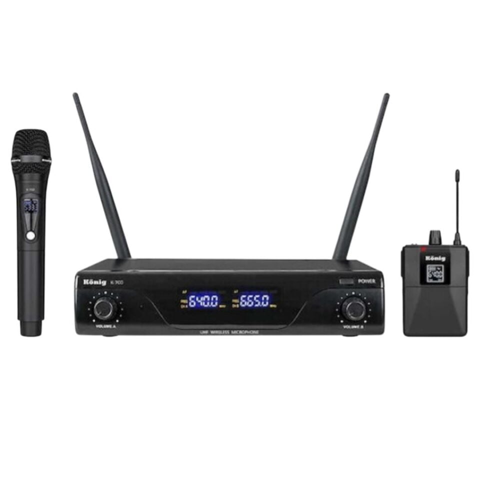 König K-700 E-Y Profesyonel 663-694Mhz 1 El + 1 Yaka 2 Kanal Uhf 2X50 Kablosuz Telsiz Mikrofon