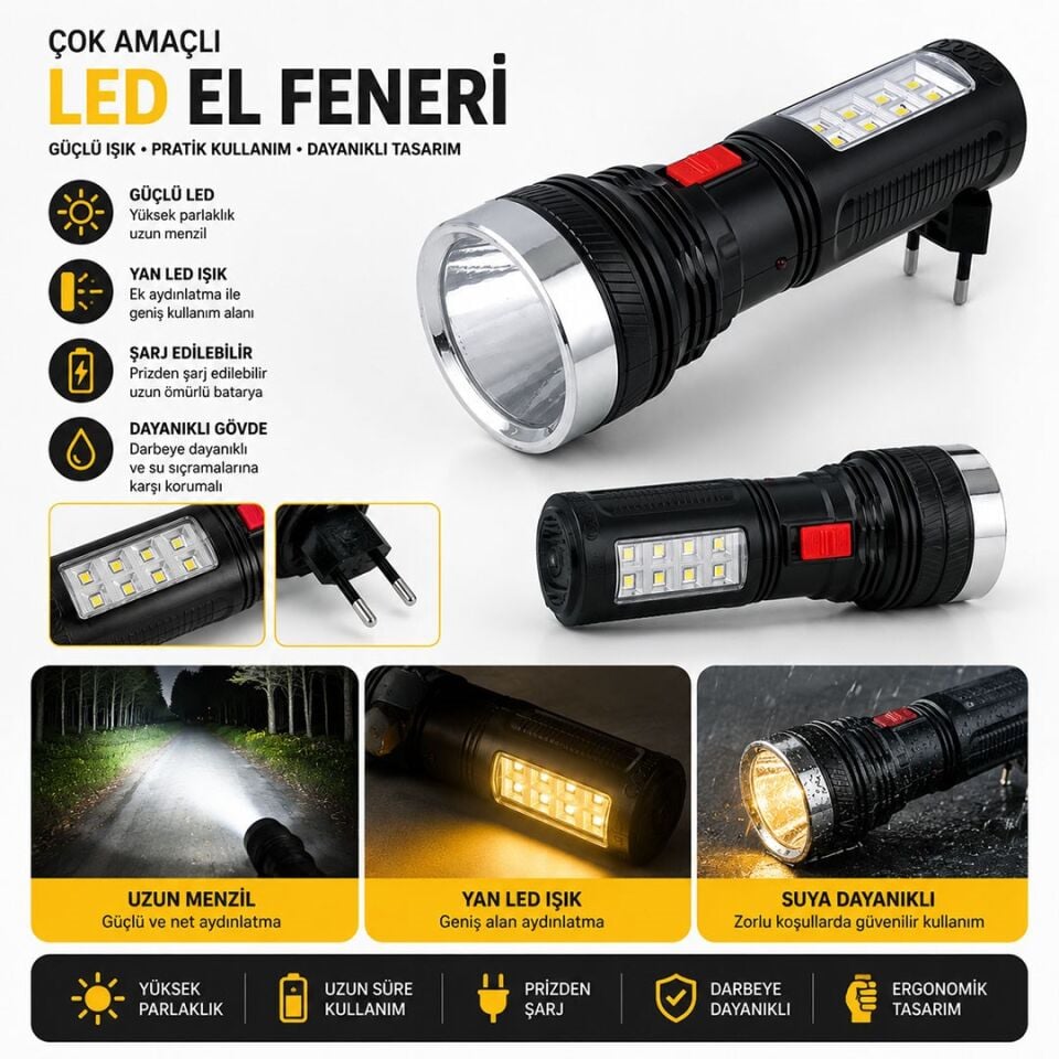 POWERMASTER YAJIA YJ-227 1 WATT 8 SMD LEDLİ ŞARJLI EL FENERİ