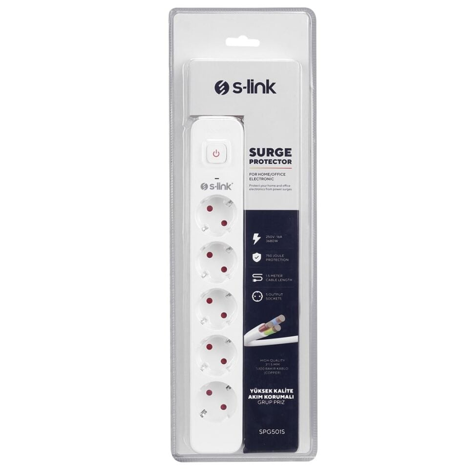 S-Link SPG501S 1.5 Metre Kablolu 750 Joule 1.5 Mm Anahtarlı 5'Li Akım Korumalı Priz