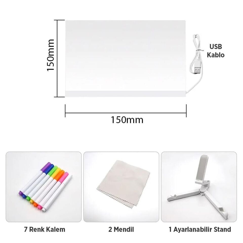 Ayt Sunup SN-27126 Dekoratif Led Aydınlatmalı Işıklı Şeffaf Işıltılı Yazı Çizim Resim Panosu Tableti 7 Renk Kalemli Set