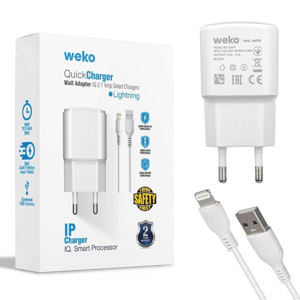 Weko Wk-21437 2.1 Amper Şarj Başlık Adaptörü Lightning Kablo İphone Uyumlu Şarj Cihazı