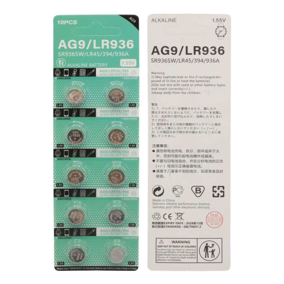 Powermaster AG9 Alkalin LR936-394A 1.55 Volt Düğme Pil 10 Lu Paket)