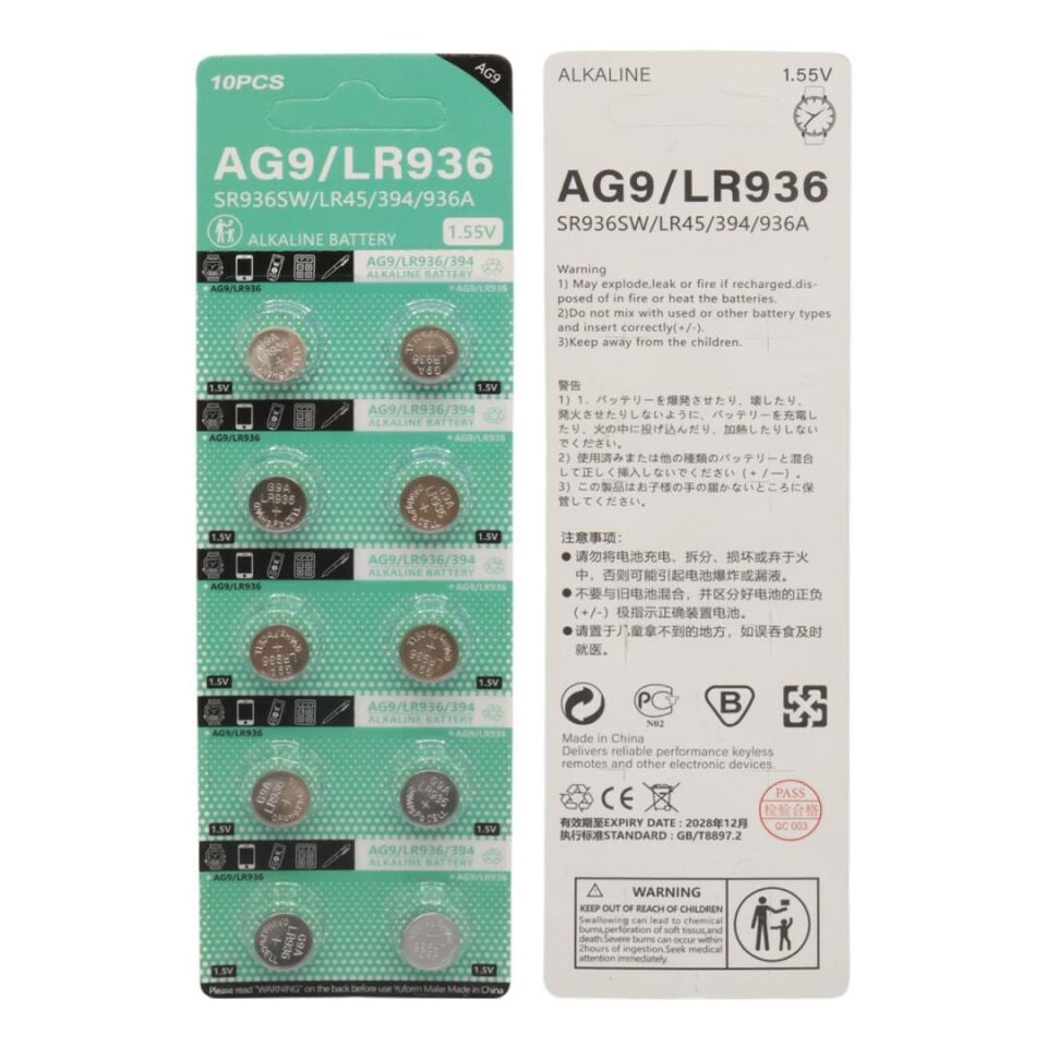 Powermaster AG9 Alkalin LR936-394A 1.55 Volt Düğme Pil 10 Lu Paket)