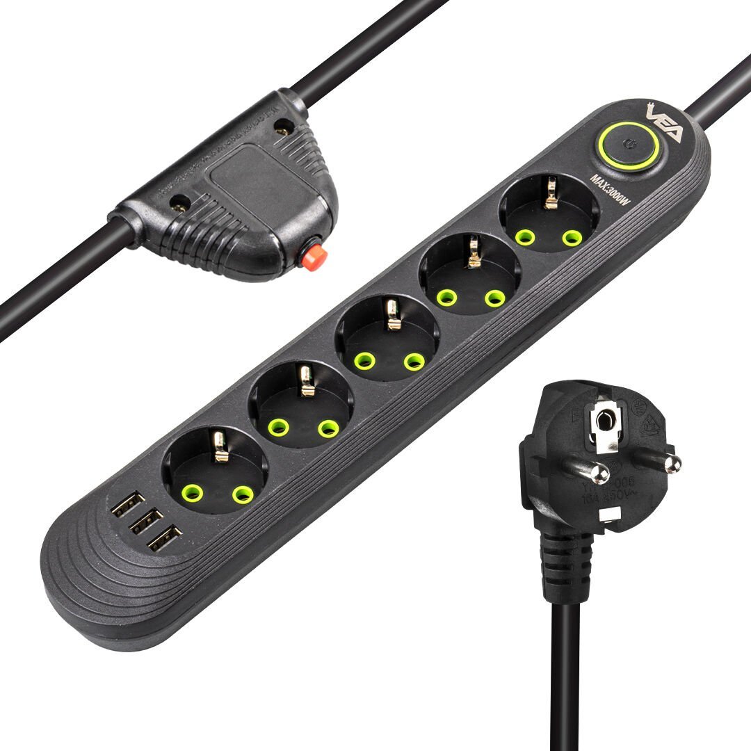 Vea VA-21561 Akım Korumalı Priz 5 Li 1.5 Metre Uzatma Kablosu Usb li Isıya Dayanıklı 3-16 Amper Anahtarlı