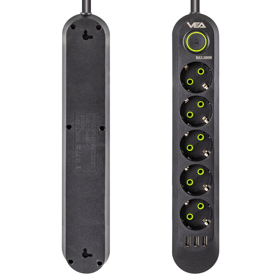 Vea VA-21561 Akım Korumalı Priz 5 Li 1.5 Metre Uzatma Kablosu Usb li Isıya Dayanıklı 3-16 Amper Anahtarlı