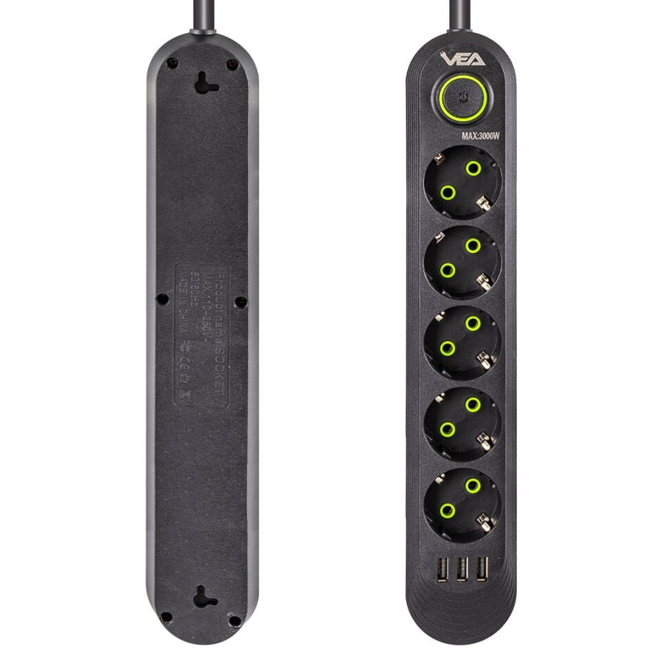Vea VA-21561 Akım Korumalı Priz 5 Li 1.5 Metre Uzatma Kablosu Usb li Isıya Dayanıklı 3-16 Amper Anahtarlı