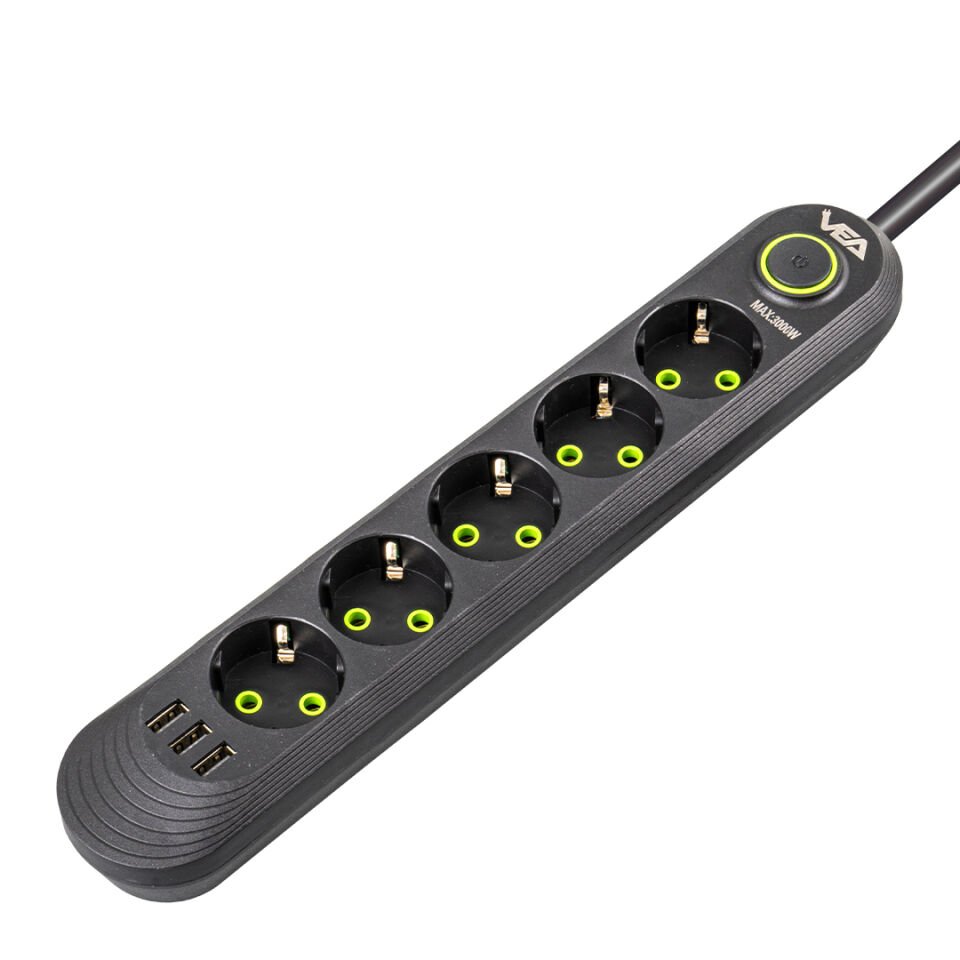 Vea VA-21561 Akım Korumalı Priz 5 Li 1.5 Metre Uzatma Kablosu Usb li Isıya Dayanıklı 3-16 Amper Anahtarlı