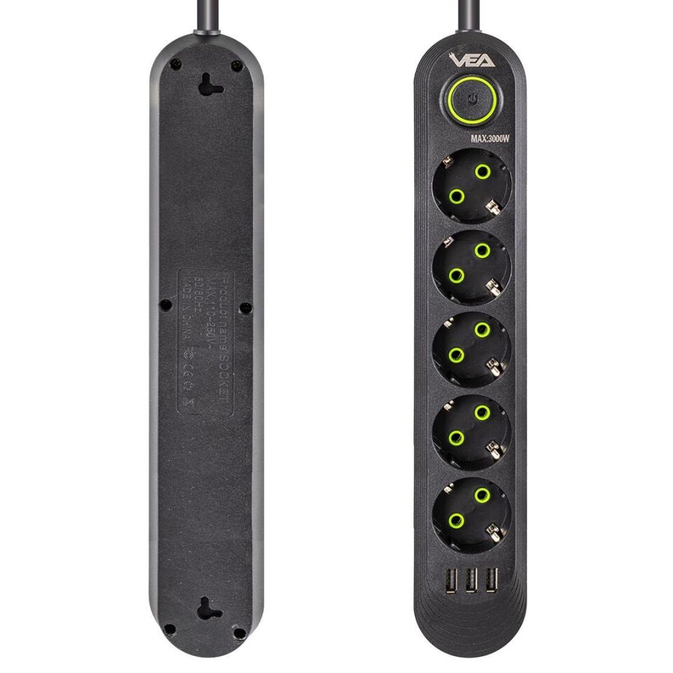 Vea VA-21561 Akım Korumalı Priz 5 Li 1.5 Metre Uzatma Kablosu Usb li Isıya Dayanıklı 3-16 Amper Anahtarlı