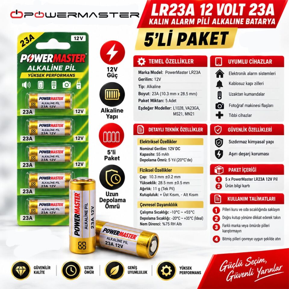 Powermaster LR23A 12 Volt 23A Kalın Alarm Pili Alkaline Batarya (5'LI Paket)