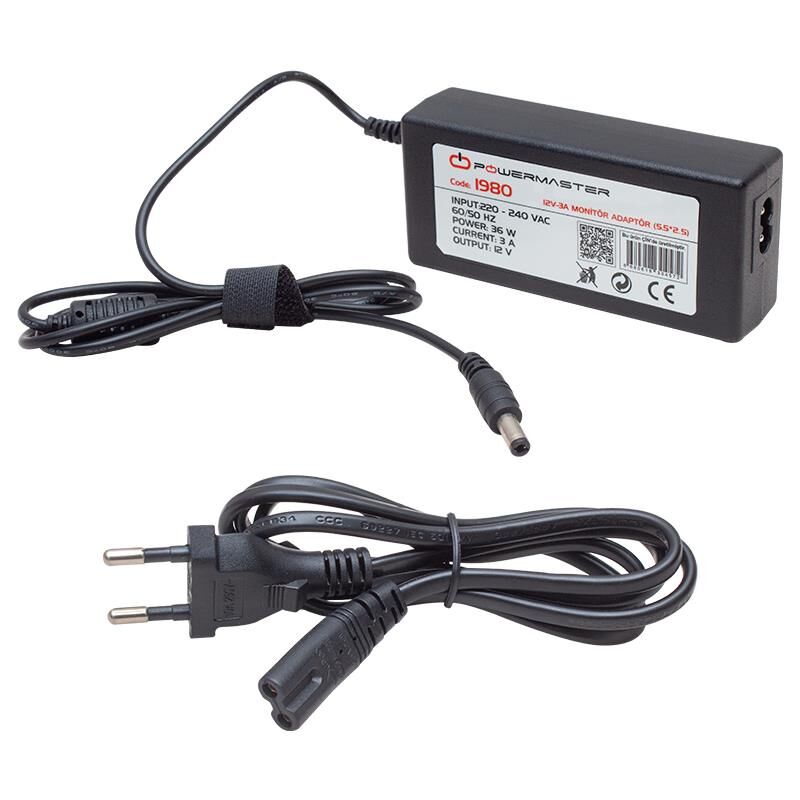 Powermaster PM-1980 12 Volt - 3 Amper - 36 Watt 5.5*2.5 Mm Uçlu Plastik Kasa Masaüstü Adaptör