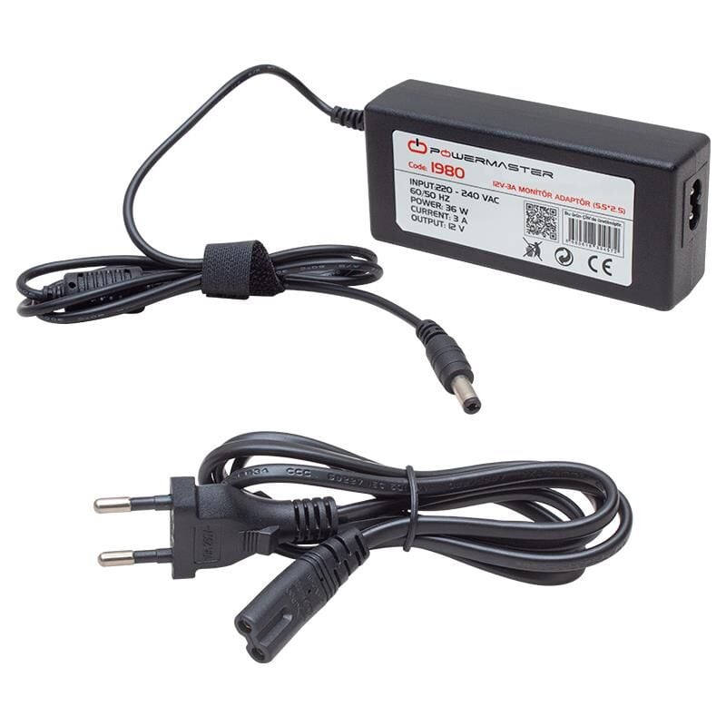 Powermaster PM-1980 12 Volt - 3 Amper - 36 Watt 5.5*2.5 Mm Uçlu Plastik Kasa Masaüstü Adaptör