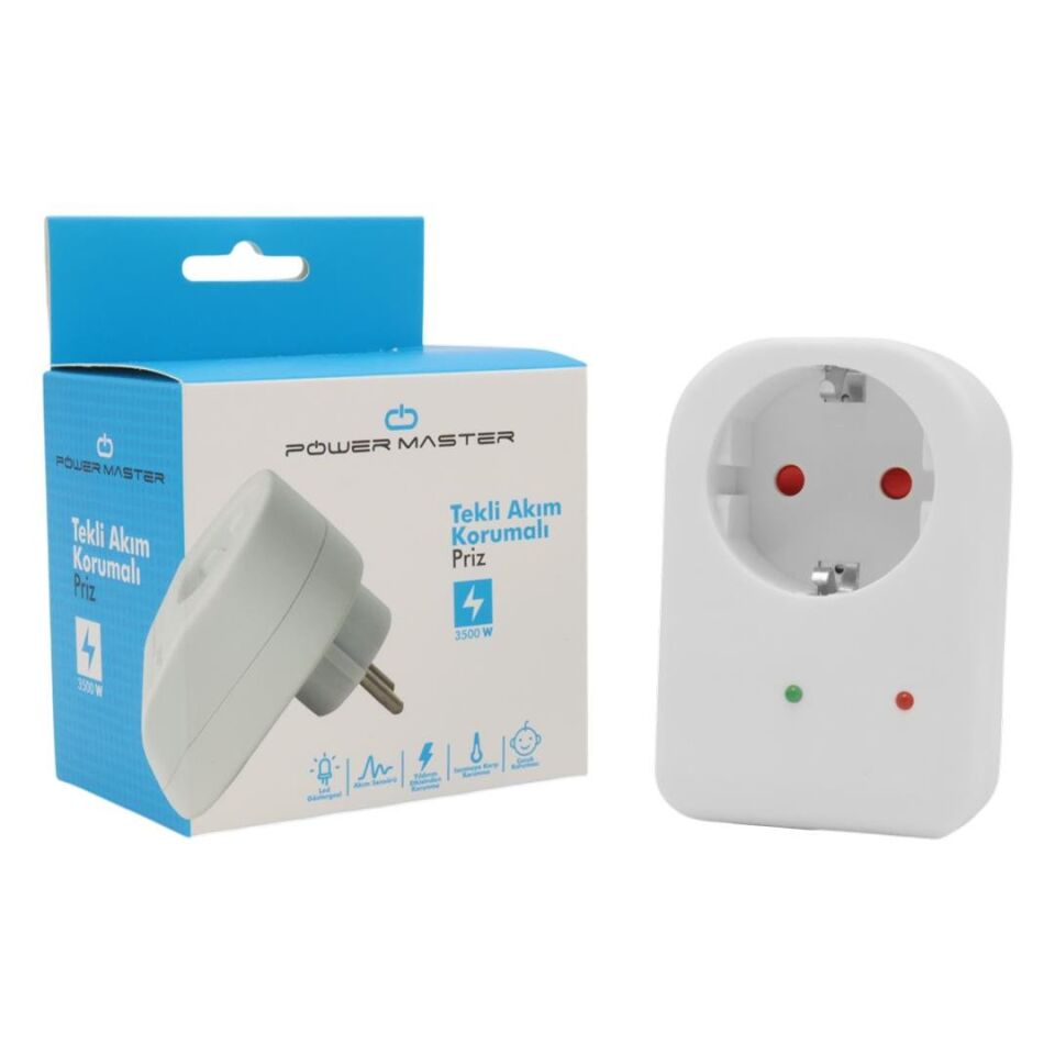 Powermaster PM-18521 Durum Ledli Akım Korumalı Tekli Priz 16 Amper - 3500 Watt Tekli Beyaz