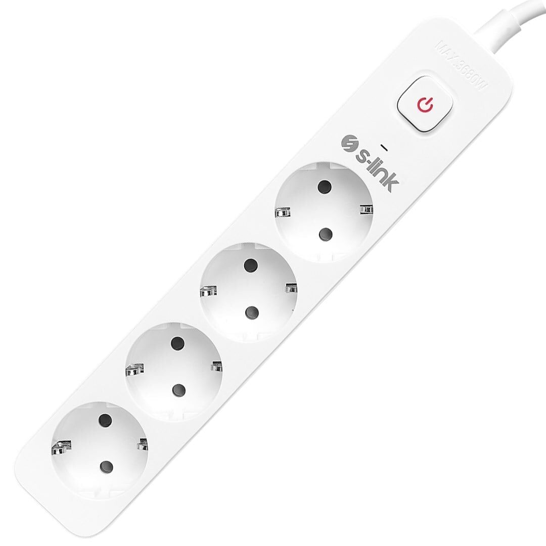 S-Link SPG401S Beyaz 1.5Mm Bakır 1.5 Metre Kablolu 750 Joule 4'Lü Anahtarlı Akım Korumalı Priz