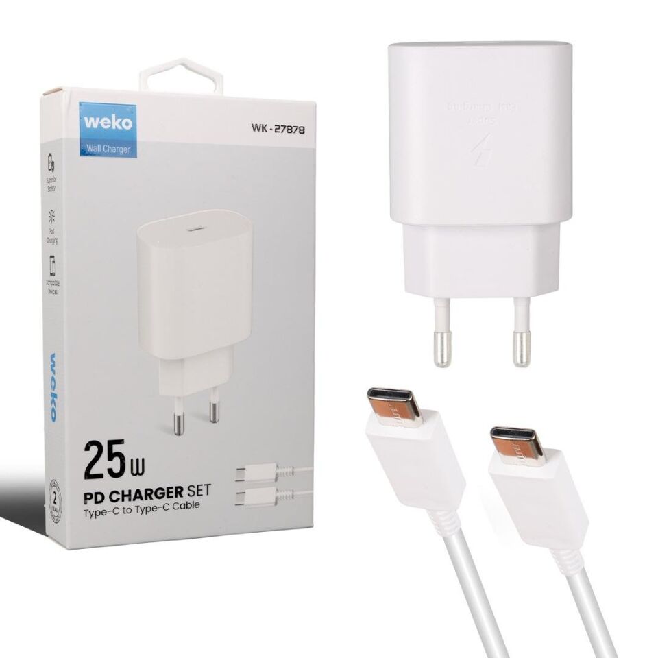 Weko WK-27878 Note10 Beyaz 25 Watt Şarj Başlık Adaptörü + Type-C To Type-C Kablo