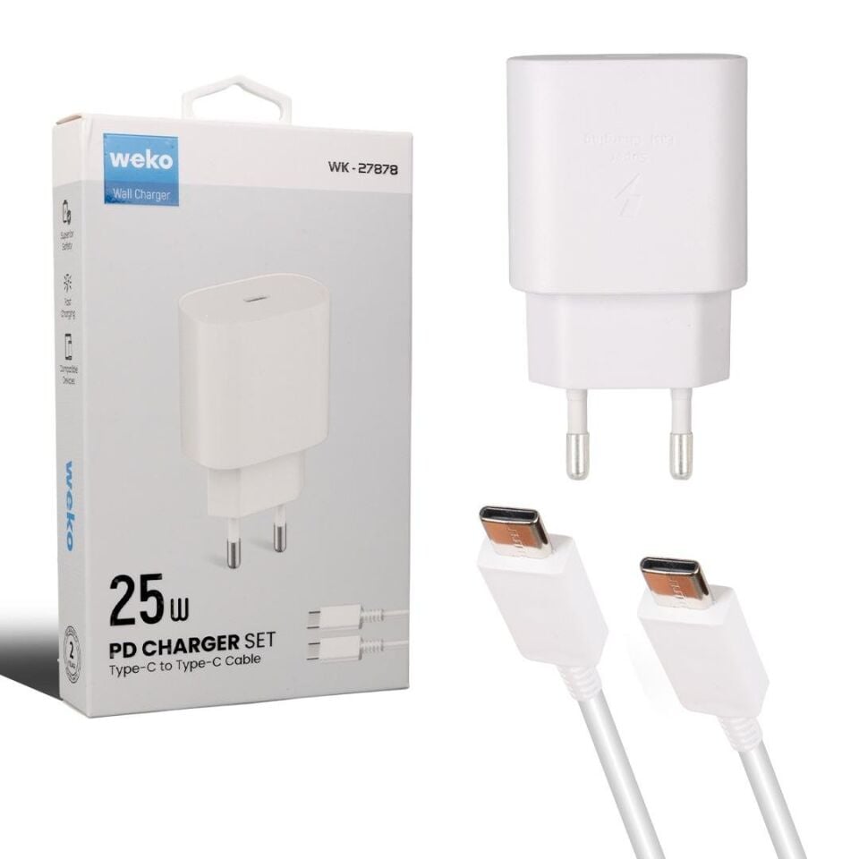Weko WK-27878 Note10 Beyaz 25 Watt Şarj Başlık Adaptörü + Type-C To Type-C Kablo