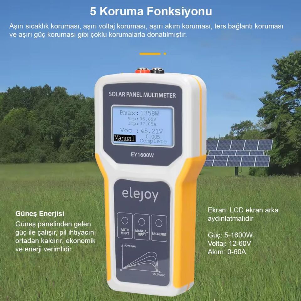 Ayt Powermaster PM-26939 1600 Watt Fotovoltaik Mppt Solar Panel Voltaj Multimetre 12-60V Güneş Enerjisi Volt Ölçer Ölçme Cihazı
