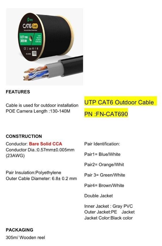 Feny FN-CAT690 305 Metre 23 AWG 0.57Mm Dış Mekan Cat6 UTP Kablo