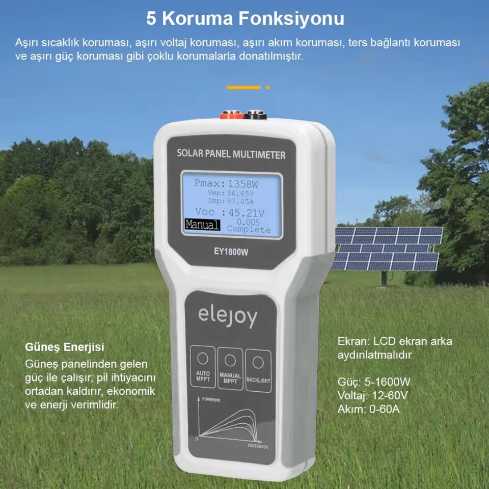 Ayt Powermaster PM-26940 1800 Watt Fotovoltaik Mppt Solar Panel Voltaj Multimetre 12-60V Güneş Enerji Sistemi Volt Ölçer
